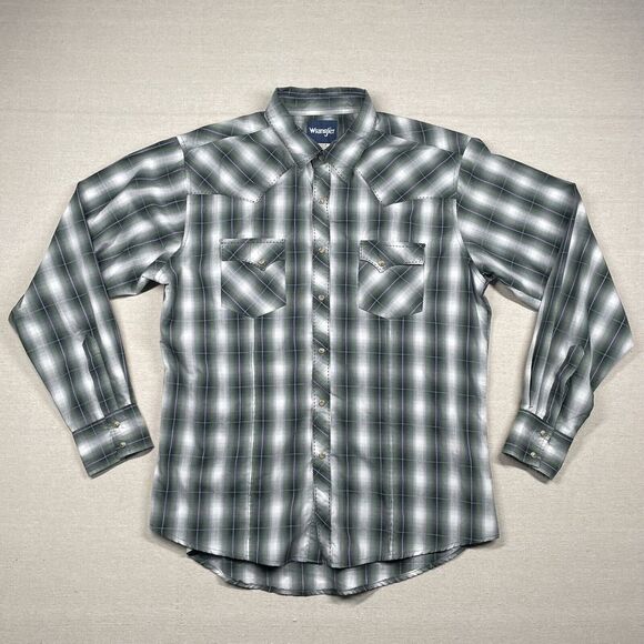 Wrangler Other - Wrangler Shirt Mens XL Pearl Snap Western Cowboy Rockabilly Plaid‎ Green Rodeo